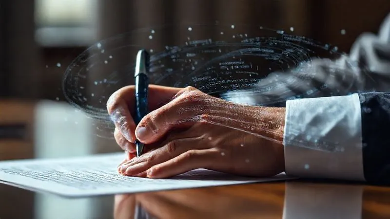 photorealistic, professional photography, 8K, cinematic lighting, sharp focus, depth of field, shot on a high-end DSLR, a student's hand signing a document, with a holographic overlay of AI-generated text and code swirling around the pen, symbolizing the complex legal and ethical questions of ownership and attribution in the age of artificial intelligence. The scene evokes a sense of legal agreement and technological integration.