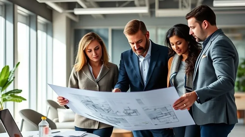 A photorealistic, professional photography image of a diverse team of environmental consultants and engineers collaboratively reviewing blueprints and digital models in a modern, sunlit office, symbolizing proactive planning and expertise. 8K, cinematic lighting, sharp focus, depth of field, shot on a high-end DSLR.