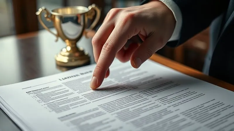 A photorealistic, high-angle shot of a lawyer's hand pointing at a specific line of text on a large, open legal brief, with a blurred sports jersey or trophy visible in the background. The lighting is dramatic, highlighting the document's importance. 8K, cinematic lighting, sharp focus, depth of field.