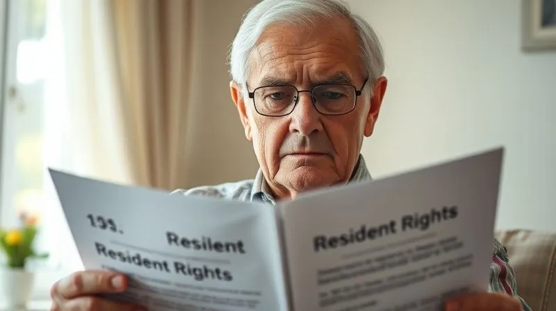 A photorealistic image of an elderly person, with a determined yet slightly concerned expression, carefully reviewing a legal document, possibly a 'Resident Rights' handbook, under soft, natural light, professional photography, 8K, cinematic lighting, sharp focus on the person and document, depth of field blurring the background, shot on a high-end DSLR.