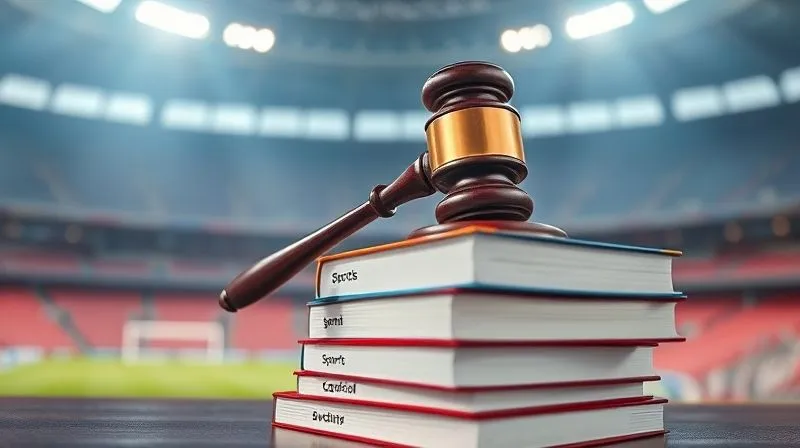 A photorealistic image depicting a stylized legal gavel resting on a stack of sports rulebooks, with a blurred background of a stadium. The scene has dramatic cinematic lighting, sharp focus on the gavel and books, depth of field blurring the stadium, 8K hyper-detailed, professional photography, shot on a high-end DSLR.