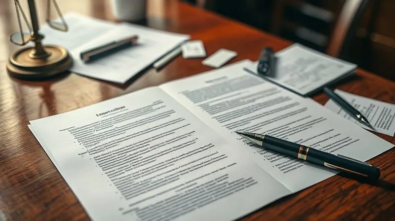 A photorealistic image of a legal brief open on a polished wooden table, surrounded by scattered notes, evidence printouts, and a pen. Cinematic lighting highlights the detailed text and the thoughtful process of legal preparation. Sharp focus on the documents, depth of field blurring the background, 8K hyper-detailed, professional photography, shot on a high-end DSLR.