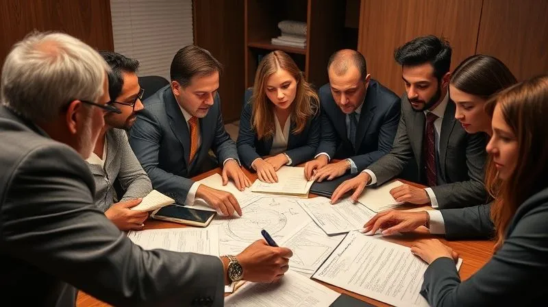 A group of diverse lawyers in a huddle, intensely strategizing around a table covered with legal documents and diagrams. They are collaborating, pointing at notes. Photorealistic, professional photography, 8K, cinematic lighting, sharp focus, depth of field, shot on a high-end DSLR.