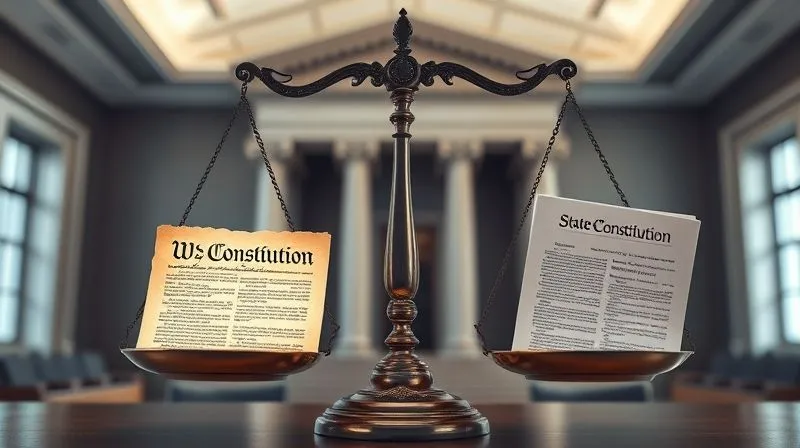 A legal scale with a miniature, illuminated U.S. Constitution on one side and a state constitution on the other, subtly tilting. The background is a blurred, modern courthouse interior, symbolizing the ongoing balance. Photorealistic, professional photography, 8K, cinematic lighting, sharp focus, depth of field, shot on a high-end DSLR.