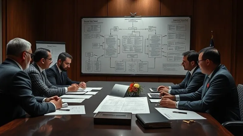 A photorealistic, professional photography, 8K, cinematic lighting, sharp focus, depth of field, shot on a high-end DSLR image of a legal team collaborating around a large conference table, intensely reviewing legal documents and a whiteboard covered with constitutional law diagrams and flowcharts. The lighting is focused on the documents, highlighting strategy and meticulous preparation.
