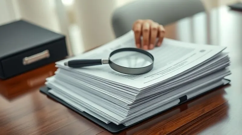 A photorealistic, professional photography image of a person's hands meticulously organizing a stack of legal documents and binders on a polished wooden desk, with a magnifying glass resting on an open file. Cinematic lighting, sharp focus on the documents, depth of field blurring the background, 8K hyper-detailed.