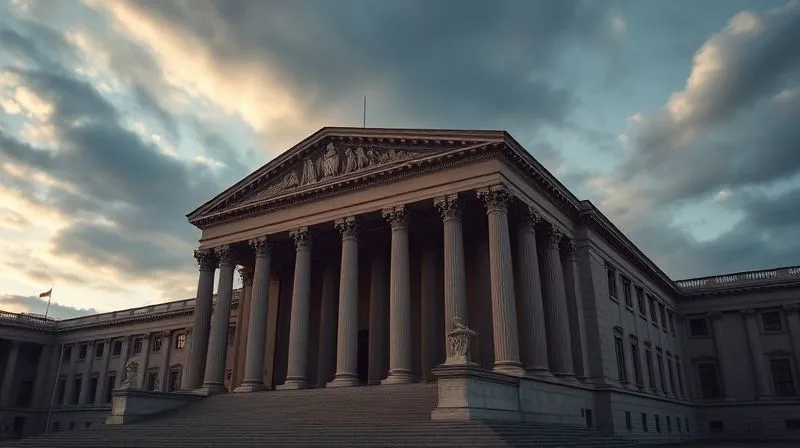 A photorealistic, professional photography image of a grand, historic courthouse facade, with imposing columns and a strong sense of gravitas, under a dramatic sky. Cinematic lighting, sharp focus on the architecture, depth of field blurring the distant background, 8K hyper-detailed.