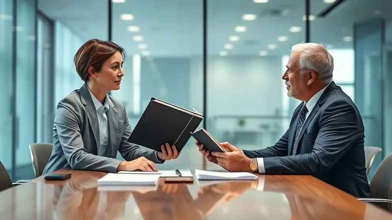 A photorealistic, professional photography image of two business professionals, one presenting a clearly organized binder to an attentive government official across a modern conference table, both engaged in a productive discussion. Cinematic lighting, sharp focus on the interaction and documents, depth of field blurring the background, 8K hyper-detailed.