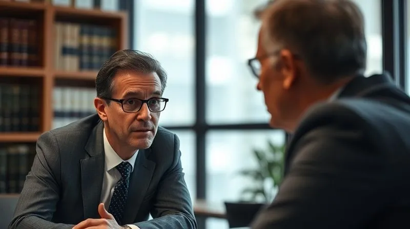 A photorealistic, professional photography image of a focused lawyer in a modern, well-lit office, leaning forward attentively while a client speaks, with legal books subtly blurred in the background. Cinematic lighting, sharp focus on the faces and interaction, depth of field creating a professional atmosphere, 8K hyper-detailed.