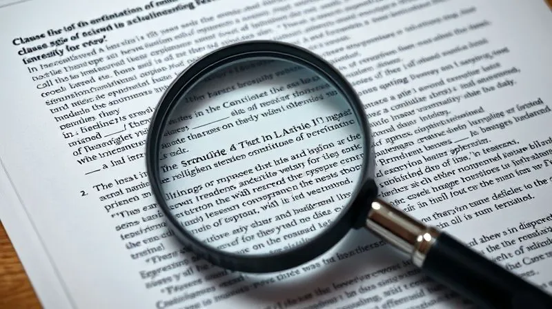 A photorealistic image of a legal document highlighting specific clauses, with a magnifying glass over it, representing meticulous legal review, shot on a high-end DSLR with cinematic lighting, 8K hyper-detailed, sharp focus, depth of field.