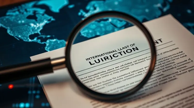 A photorealistic image of a legal document with a magnifying glass over sections related to international jurisdiction, overlaid on a blurred image of global network connections. Cinematic lighting, sharp focus on the document, depth of field blurring the background, 8K hyper-detailed, professional photography shot on a high-end DSLR.