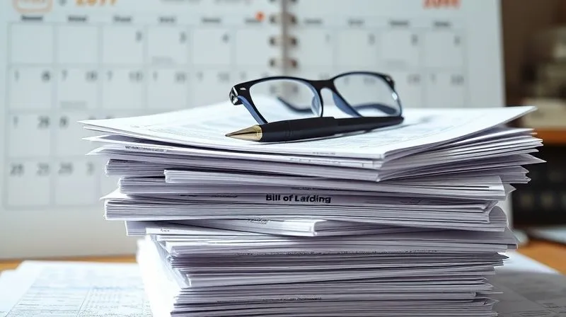 A photorealistic, professional photography, 8K, cinematic lighting, sharp focus, depth of field, shot on a high-end DSLR image of a stack of neatly organized maritime shipping documents, including bills of lading, charter parties, and port logs, with a pen and a pair of reading glasses on top. A calendar with circled dates is visible in the background, subtly emphasizing the tracking of time. The lighting is bright and clear, suggesting transparency and order.