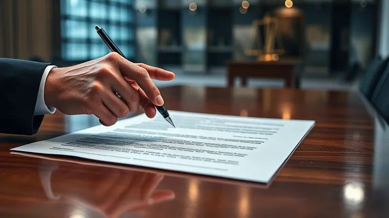 A photorealistic, professional photography, 8K, cinematic lighting, sharp focus, depth of field, shot on a high-end DSLR image of two hands, one holding a pen, pointing at a specific clause in a complex, official-looking legal document spread across a polished wooden desk. The other hand gestures towards a blurred background of a modern office building or a stylized courtroom, symbolizing the formal legal process. The lighting is focused on the document, highlighting the details, with a serious and analytical tone.