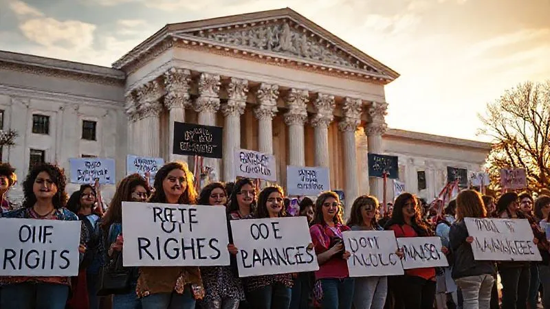 A photorealistic image of a diverse group of people standing peacefully outside a federal courthouse, holding signs with phrases like 'Protect Our Rights' and 'Checks and Balances', bathed in golden hour cinematic lighting, sharp focus on the people, depth of field blurring the courthouse facade, 8K hyper-detailed, professional photography.