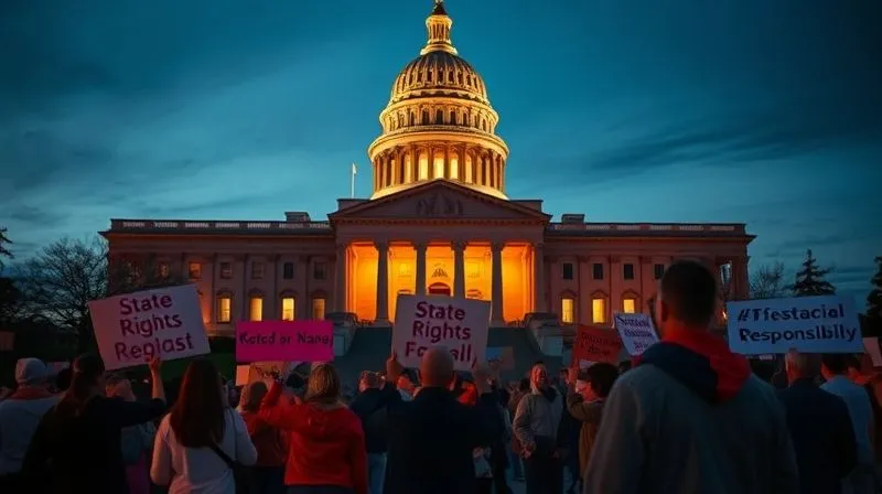 A photorealistic, professional photography, 8K, cinematic lighting image of a state capitol building at dusk, illuminated by warm lights. In the foreground, a group of citizens, diverse in age and background, are gathered peacefully, holding signs (text blurred, but conveying 'State Rights' or 'Fiscal Responsibility'). The scene is professional and respectful, emphasizing public engagement and civic advocacy. Sharp focus on the people and the building, with a soft depth of field effect.