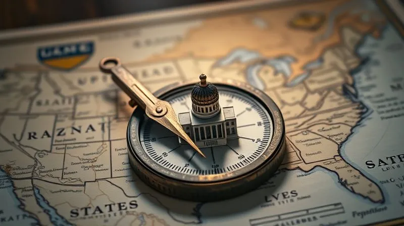 A photorealistic, professional photography, 8K, cinematic lighting image of a weathered, antique compass resting on a detailed map of the United States. The compass needle points resolutely towards the center of the map, where a stylized federal building is subtly highlighted. The map is surrounded by smaller, distinct state seals, indicating diverse paths leading towards a central, shared challenge. Sharp focus on the compass and map details, with a soft depth of field blurring the edges. The image conveys direction, strategy, and the journey of states within the federal landscape.
