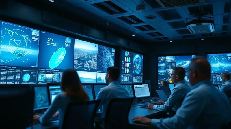 A photorealistic, professional photography image of a modern maritime operations center, large screens displaying real-time vessel tracking data and satellite feeds, a diverse team of analysts intently monitoring, soft blue cinematic lighting, sharp focus on the screens and analysts, depth of field blurring the background, 8K hyper-detailed, shot on a high-end DSLR.