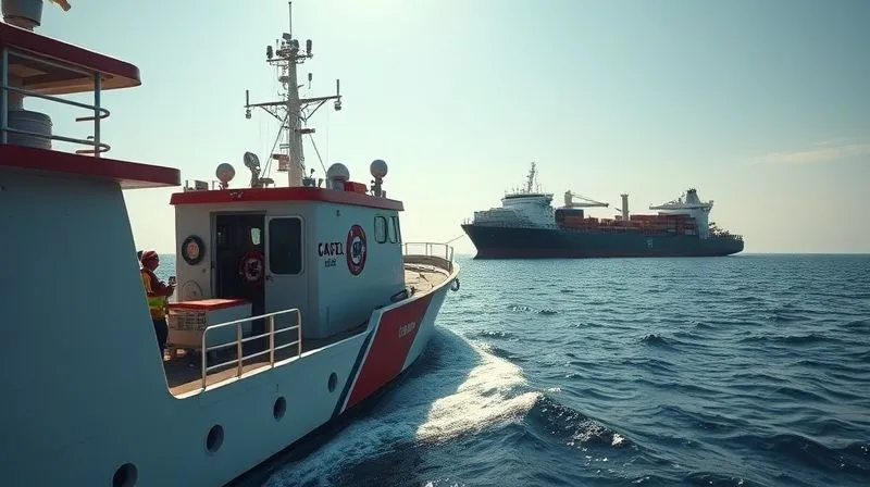 A photorealistic, professional photography image from a low angle, showing a modern coast guard patrol vessel approaching a large cargo ship on the open ocean. The coast guard vessel has a water cannon and crew members visible on deck, but the scene is tense yet controlled. Cinematic lighting, sharp focus on the vessels, depth of field blurring the distant horizon, 8K hyper-detailed, shot on a high-end DSLR, evoking themes of maritime law enforcement and vigilance.