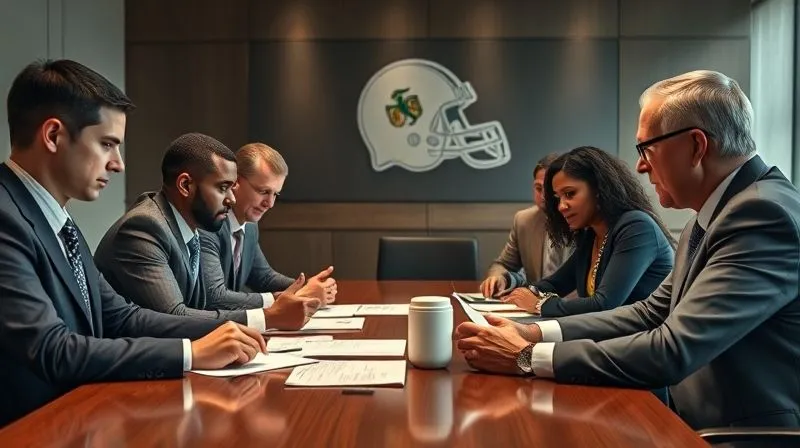 A photorealistic, professional photography, 8K, cinematic lighting, sharp focus, depth of field, shot on a high-end DSLR, of a diverse legal team (attorneys, paralegals, sports law specialists) intensely reviewing documents and discussing strategy around a conference table, with a sports team's subtle branding on a wall in the background, conveying urgency and expert collaboration.
