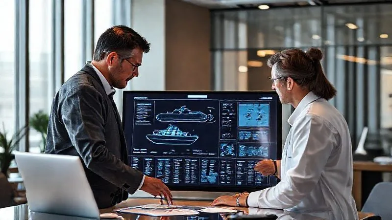 A photorealistic image depicting a diverse team of legal and technical experts – a maritime lawyer, a marine engineer, and an environmental scientist – collaborating intently around a large digital display showing a ship's schematic and environmental data, in a modern, well-lit office, cinematic lighting, sharp focus, 8K hyper-detailed, professional photography.