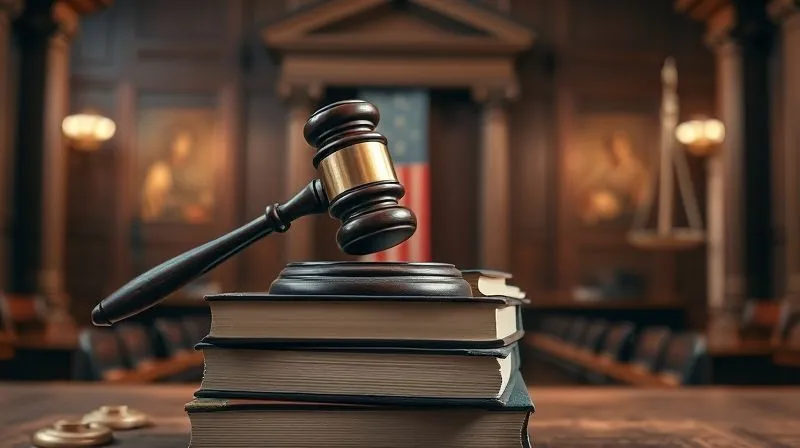 A photorealistic image of a gavel on a stack of law books, with a blurred courtroom in the background, symbolizing formal legal action and justice. The lighting is dramatic and professional. Professional photography, 8K, cinematic lighting, sharp focus, depth of field, shot on a high-end DSLR.