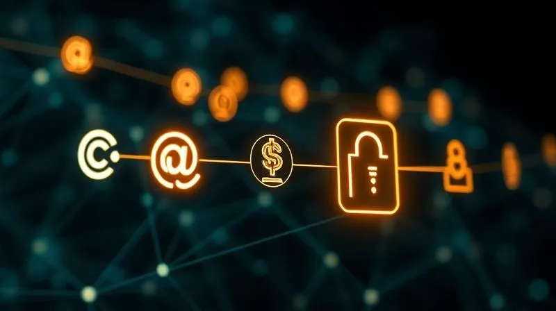 A photorealistic image of a digital ledger with glowing lines connecting various icons representing different intellectual property types (copyright symbol, trademark symbol, patent symbol) to a single, distinct NFT icon, all against a dark, futuristic background. Professional photography, 8K, cinematic lighting, sharp focus on the connections, depth of field blurring the background network, shot on a high-end DSLR, illustrating the complex relationship between IP and NFTs.