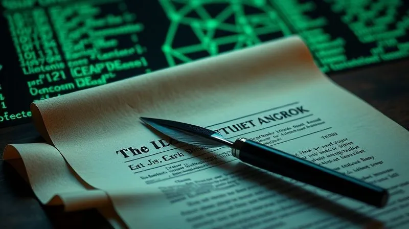 A photorealistic image of a vintage-style legal document, partially unrolled, with a quill pen resting on it, set against a backdrop of glowing blockchain code. Cinematic lighting creates a dramatic shadow from the quill, emphasizing the formal and traditional nature of legal action meeting modern digital challenges. Professional photography, 8K, sharp focus on the document text, depth of field blurring the blockchain, shot on a high-end DSLR, conveying authority and legal weight.