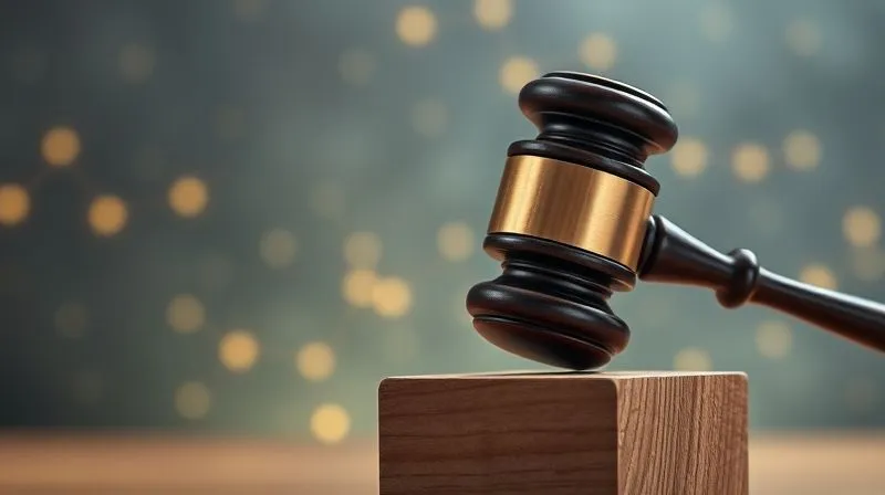 A photorealistic image of a gavel striking a sound block, with a faint, glowing blockchain network visible in the background, symbolizing legal judgment in the digital age. Professional photography, 8K, cinematic lighting highlighting the gavel's impact, sharp focus on the gavel and block, depth of field blurring the background, shot on a high-end DSLR, conveying legal authority and the finality of judicial decisions.
