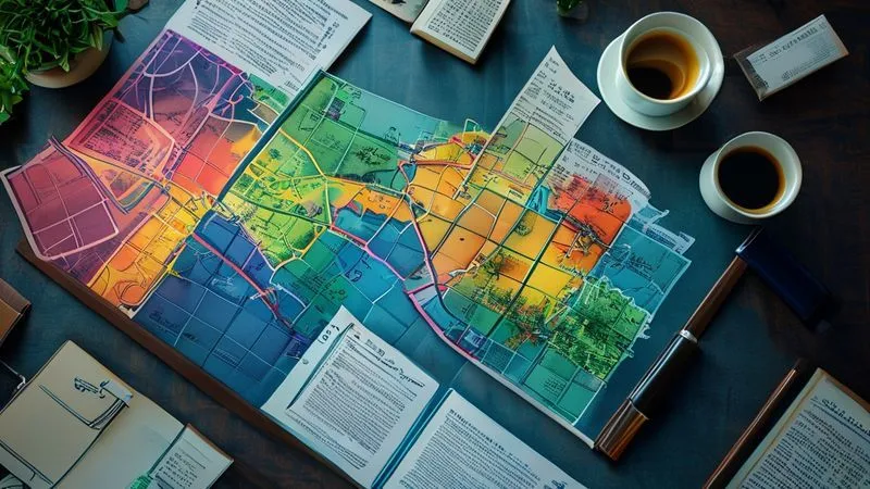 A photorealistic, detailed aerial map overlayed with various color-coded zoning districts, with a magnifying glass hovering over a specific, contested area. The map is on a large table in a professional office, with a legal brief and coffee cup nearby. Professional photography, 8K, cinematic lighting, sharp focus on the map and magnifying glass, depth of field blurring the background, shot on a high-end DSLR.