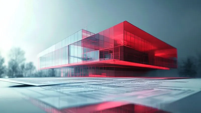 A photorealistic image of a detailed architectural rendering of a modern building project, with one section highlighted in red, indicating a non-compliant aspect. A legal document with 'Variance Request' visible is laid over the rendering. Cinematic lighting, sharp focus on the rendering and document, depth of field blurring the background, 8K hyper-detailed, shot on a high-end DSLR.