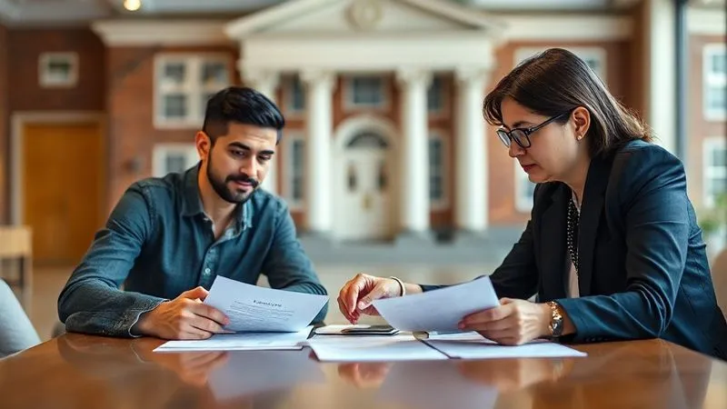 photorealistic, professional photography, 8K, cinematic lighting, sharp focus, depth of field, shot on a high-end DSLR. A student and their parents sitting at a conference table with a legal professional (an attorney) reviewing documents, conveying a sense of collaboration, expertise, and strategic planning against a backdrop of a blurred courthouse or school building. The attorney is pointing to a specific clause in a document, explaining legal strategy.