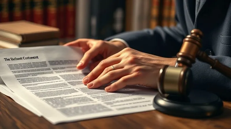 A photorealistic image of a teacher's hands carefully reviewing a complex legal document or contract, with annotations and highlighted sections, against a backdrop of blurred law books and a gavel, cinematic lighting, sharp focus on the document, depth of field, 8K, professional photography, shot on a high-end DSLR.