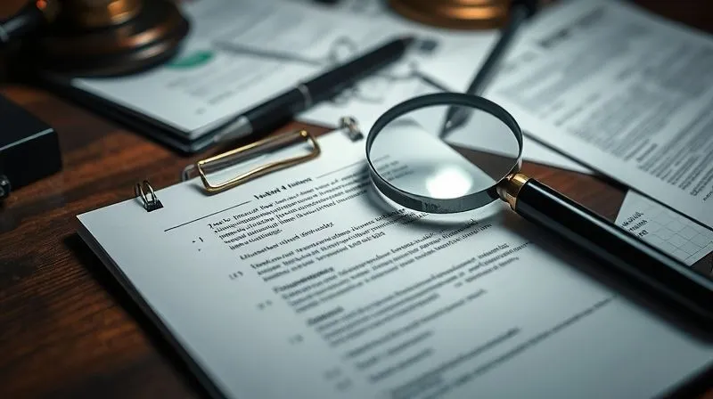 A photorealistic close-up of a legal pad with handwritten notes, a pen, and various legal documents scattered on a desk, with a magnifying glass resting on a key paragraph, all under focused, dramatic lighting, sharp focus on the details, depth of field, 8K, professional photography, shot on a high-end DSLR.