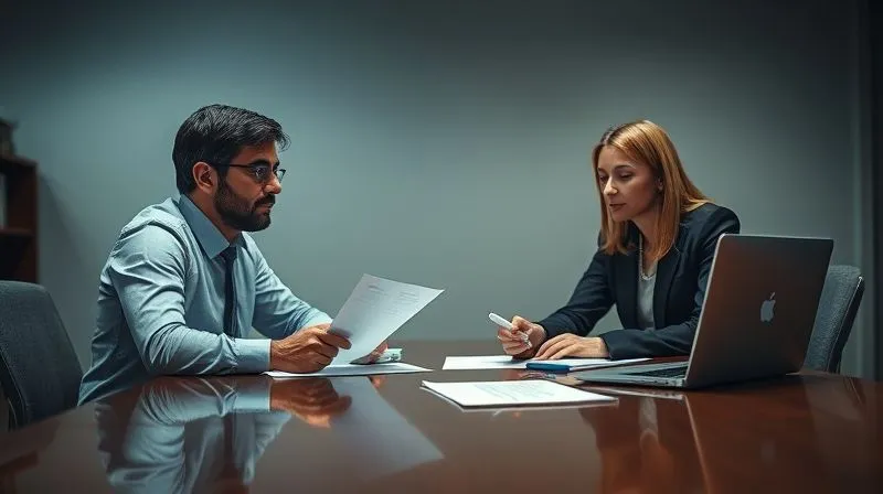 A photorealistic image of a teacher and a legal professional (attorney) engaged in a serious, focused discussion across a polished desk, with legal documents and a laptop open, conveying collaboration and strategic planning, cinematic lighting, sharp focus on their interaction, depth of field, 8K, professional photography, shot on a high-end DSLR.