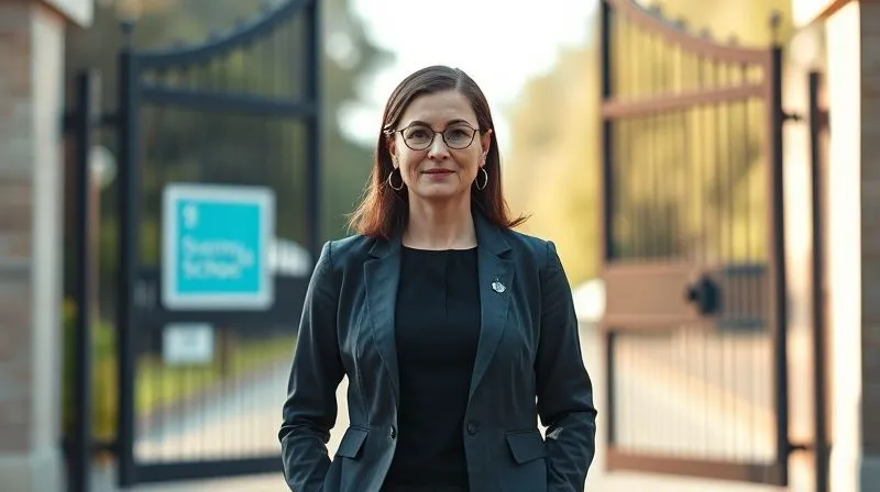 A photorealistic image of a determined teacher, perhaps a woman in professional attire, standing confidently with a resolved expression, looking towards a bright, open future beyond a slightly blurred, formal school gate, symbolizing overcoming challenges and new beginnings, cinematic lighting, sharp focus on the teacher, depth of field, 8K, professional photography, shot on a high-end DSLR.