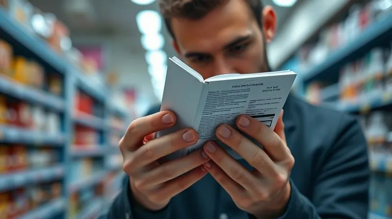 A photorealistic image of a person's hands holding a product box, intently reading the small print on the side. Their brow is slightly furrowed in concentration. The background is a brightly lit retail store aisle, blurred. Professional photography, 8K, cinematic lighting, sharp focus on the hands and box, depth of field blurring the background, shot on a high-end DSLR.