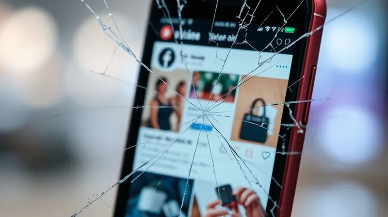 A photorealistic image depicting a shattered smartphone screen displaying a popular social media feed, with blurry, distorted images of luxury products. Cracks on the screen symbolize brand erosion and consumer trust breaking. Cinematic lighting, sharp focus on the cracks, depth of field, 8K hyper-detailed, shot on a high-end DSLR.
