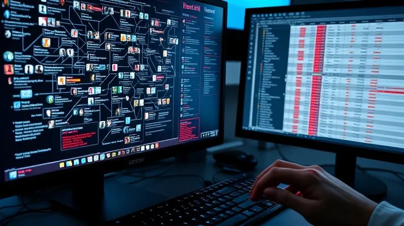 A photorealistic, professional photography image of a cybersecurity analyst's dual-monitor workstation. One screen displays a complex web of social media profiles and product listings, highlighted with red indicators for infringement. The other screen shows a detailed spreadsheet for evidence collection. Cinematic lighting, sharp focus on the screens and a hand hovering over a keyboard, depth of field blurring the background, 8K hyper-detailed, shot on a high-end DSLR.