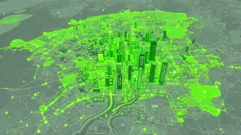A photorealistic, abstract map of a city with certain areas highlighted in glowing green, representing Opportunity Zones. The map should have subtle overlays of economic data, buildings under construction, and financial charts, conveying growth and investment potential, shot with professional, high-key lighting.