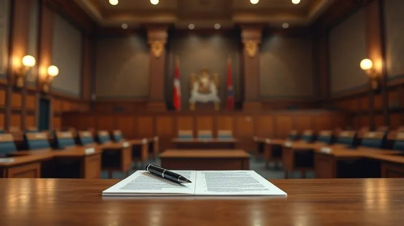 A photorealistic, professional photography image of a judge's bench in a modern, well-lit courtroom, with a legal brief open and a pen resting on it. The focus is on the bench, with the courtroom slightly blurred in the background, conveying the solemnity and importance of the legal process. 8K, cinematic lighting, sharp focus, depth of field, shot on a high-end DSLR.