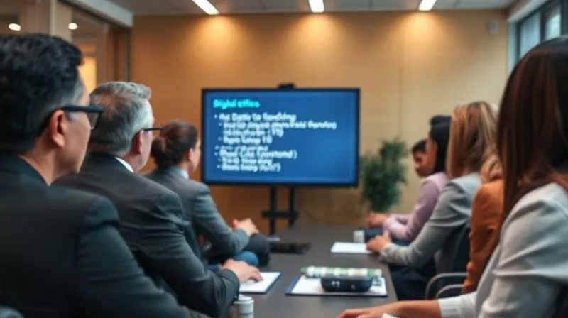 A photorealistic image of a diverse group of professionals in a modern office setting, attentively participating in a training session on digital ethics, with a presentation screen subtly showing policy guidelines. The atmosphere is serious and focused, cinematic lighting, sharp focus on the group, depth of field blurring the background, 8K hyper-detailed, professional photography, shot on a high-end DSLR.