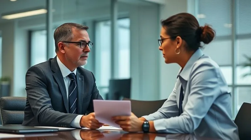 A photorealistic image of a serious, professional conversation between an HR manager and an employee in a well-lit, private office. A document is visible on the desk, symbolizing official communication. The body language is formal and direct, cinematic lighting, sharp focus on the individuals, depth of field blurring the background, 8K hyper-detailed, professional photography, shot on a high-end DSLR.
