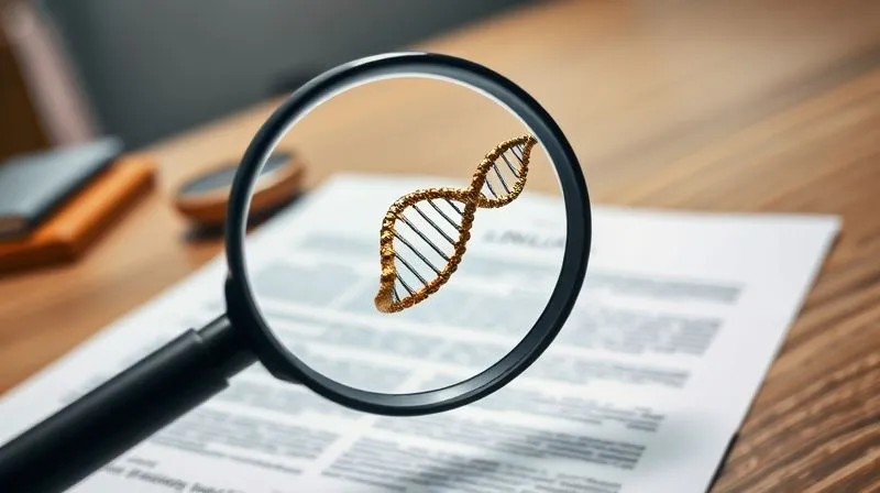 A photorealistic image of a magnifying glass hovering over a legal document with a DNA helix pattern subtly integrated, professional photography, 8K, cinematic lighting, sharp focus, depth of field, symbolizing the discovery of crucial scientific evidence in a legal context. The background is a blurred, neutral office setting.