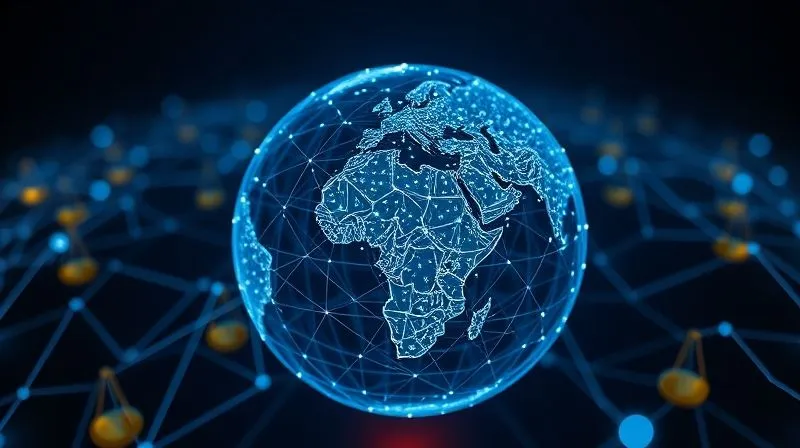 photorealistic, professional photography, 8K, cinematic lighting, sharp focus, depth of field, shot on a high-end DSLR. A digital representation of a globe with interconnected blockchain nodes, overlaid with faint legal scales of justice, symbolizing the complex jurisdictional challenges of enforcing smart contracts across international borders. The scene evokes a sense of global legal uncertainty yet potential for resolution.