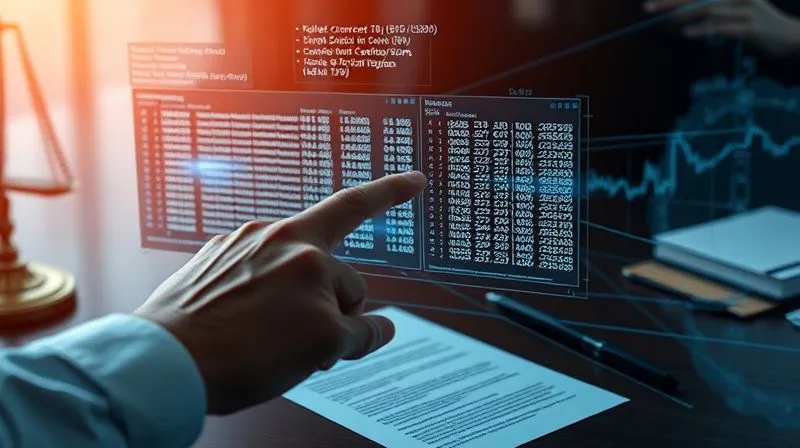 photorealistic, professional photography, 8K, cinematic lighting, sharp focus, depth of field, shot on a high-end DSLR. A forensic investigator's hand pointing at a complex blockchain transaction log displayed on a holographic interface, with subtle lines connecting to a traditional legal document on a desk, symbolizing the fusion of digital and physical evidence in smart contract dispute resolution. The atmosphere is meticulous and analytical.