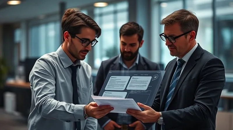 photorealistic, professional photography, 8K, cinematic lighting, sharp focus, depth of field, shot on a high-end DSLR. A diverse team of professionals – a lawyer, a blockchain developer, and a cybersecurity expert – collaboratively reviewing a holographic smart contract interface, with legal documents and code snippets visible. The atmosphere is one of focused teamwork and problem-solving, emphasizing interdisciplinary cooperation.