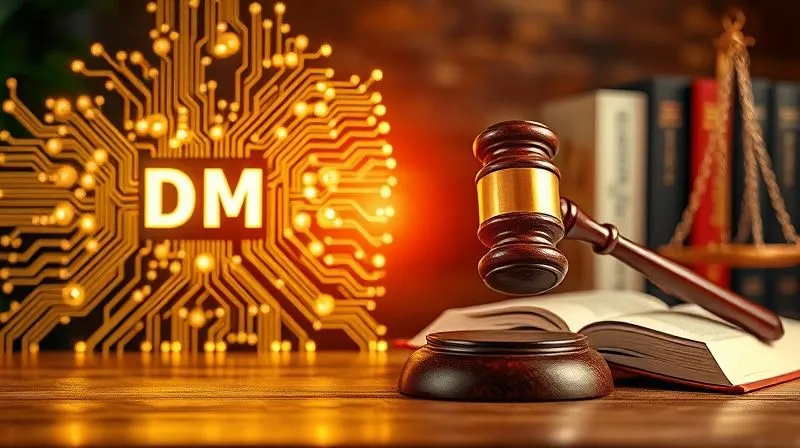 A photorealistic, professional photography image depicting a seamless integration of digital and legal elements. On one side, a glowing circuit board representing advanced DRM technology, and on the other, a traditional legal gavel and law books, with a digital interface bridging the two. The image conveys synergy between tech and law in protecting digital assets. 8K, cinematic lighting, sharp focus on the point of integration, depth of field, shot on a high-end DSLR.