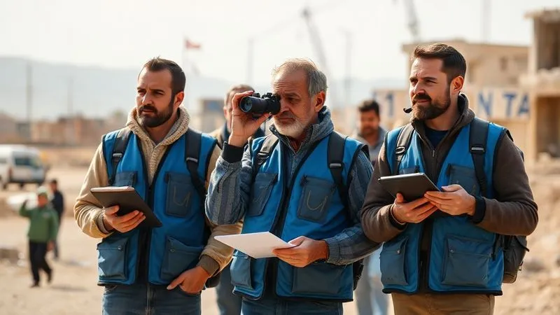 A photorealistic image of international observers in blue vests with clipboards and binoculars, meticulously documenting conditions in a post-conflict zone, with a backdrop of rebuilt infrastructure and hopeful citizens. Cinematic lighting, sharp focus, depth of field, 8K, professional photography, shot on a high-end DSLR.