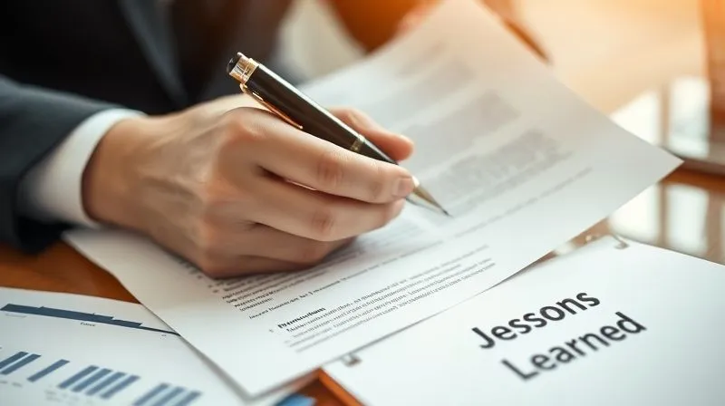 photorealistic, professional photography, 8K, cinematic lighting, sharp focus, depth of field, shot on a high-end DSLR, a hand meticulously reviewing a new, pristine joint venture agreement, a pen poised, with 'Lessons Learned' notes subtly visible on an adjacent notepad, conveying careful planning and future safeguarding after a past challenge, warm and optimistic lighting.
