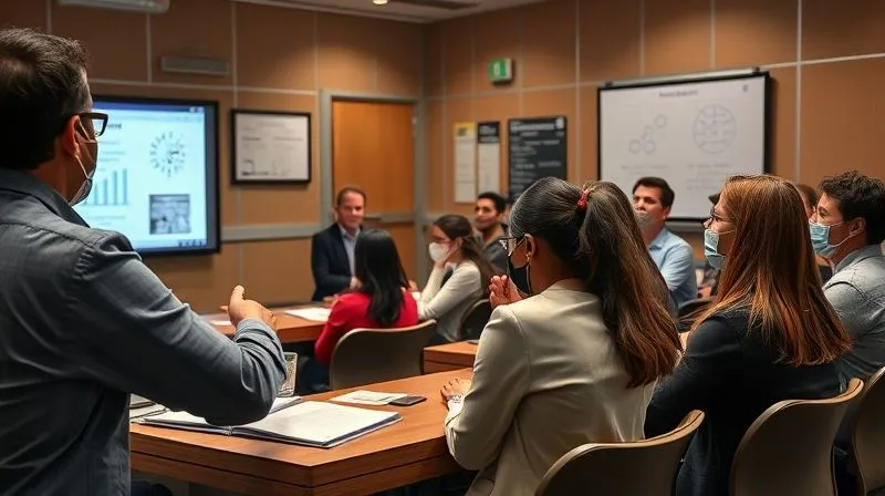 A photorealistic image of a diverse group of teachers and school administrators engaged in a professional development workshop, actively participating in a discussion about de-escalation techniques. A presenter is at the front, with diagrams on a screen. The atmosphere is collaborative and focused. professional photography, 8K, cinematic lighting, sharp focus, depth of field, shot on a high-end DSLR.